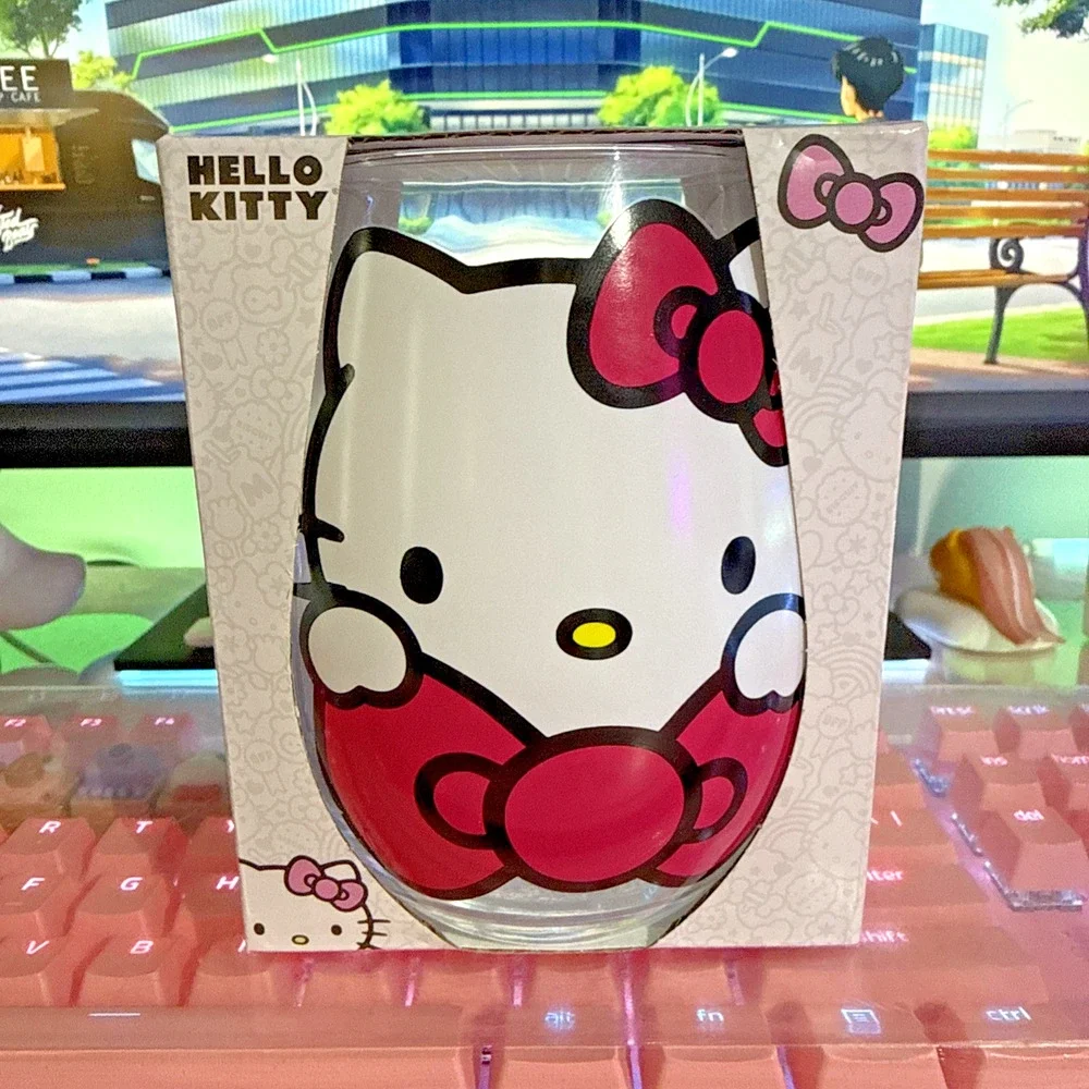 Hello Kitty Stemless Glass 20oz Clear Cup 2023 Pink Bow Sanrio Tear Drop